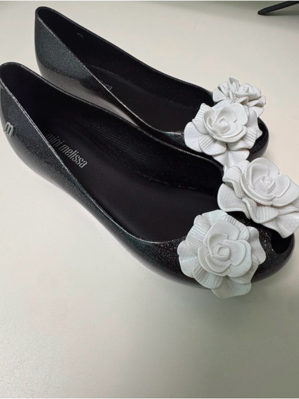 Mini Melissa Glitter Black Flower Ballet Flats Size 13